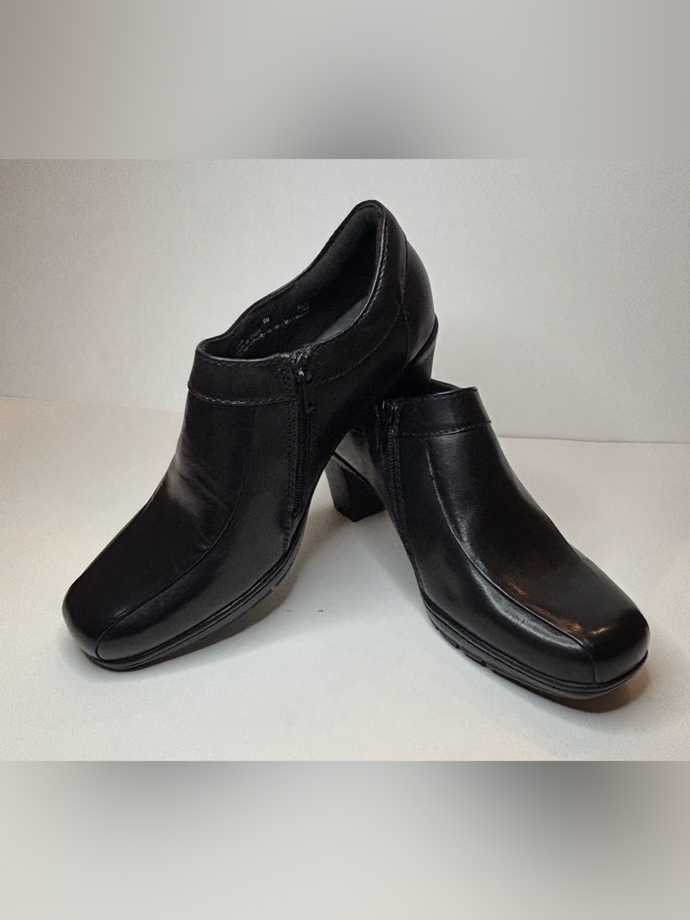 Clarks Black Leather Block Heel Slip-On Mules